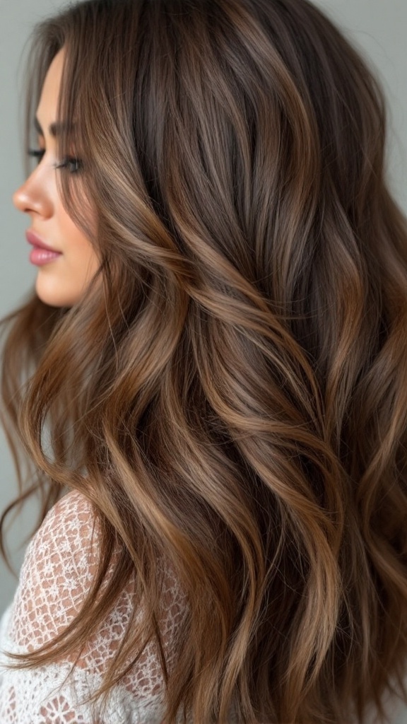 A woman with medium brown hair styled in textured layers with highlights