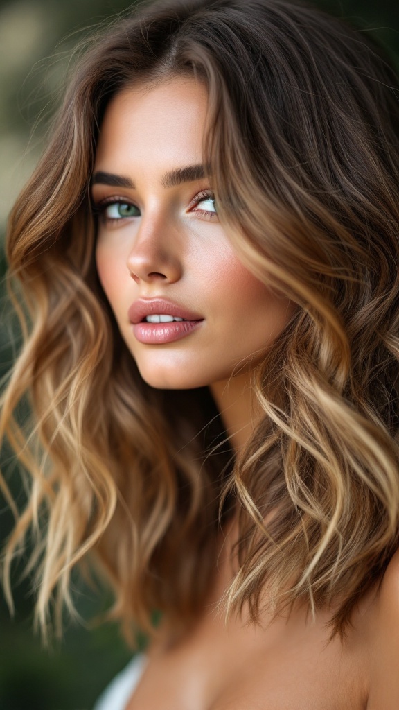 A woman with medium length hair styled in textured layers, showcasing soft waves and a natural look.