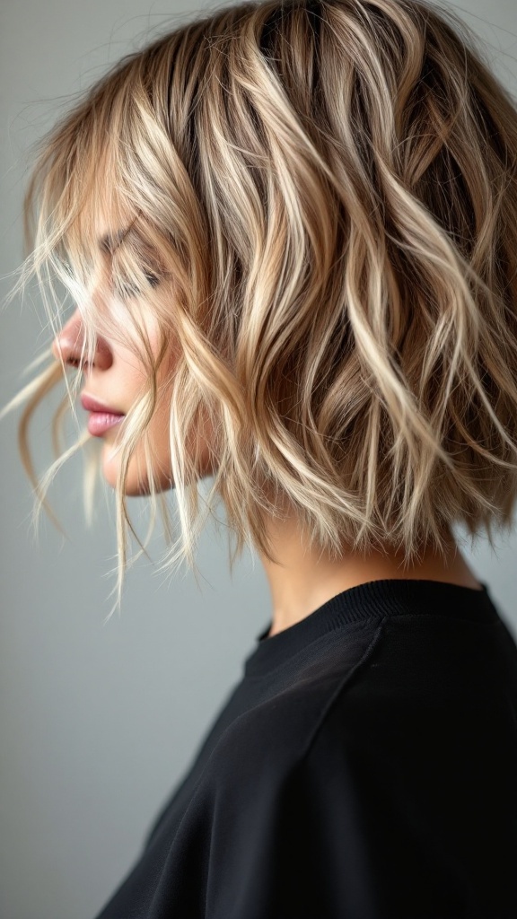A profile view of a woman with a messy bob hairstyle featuring textured layers, showcasing soft waves and a natural look.
