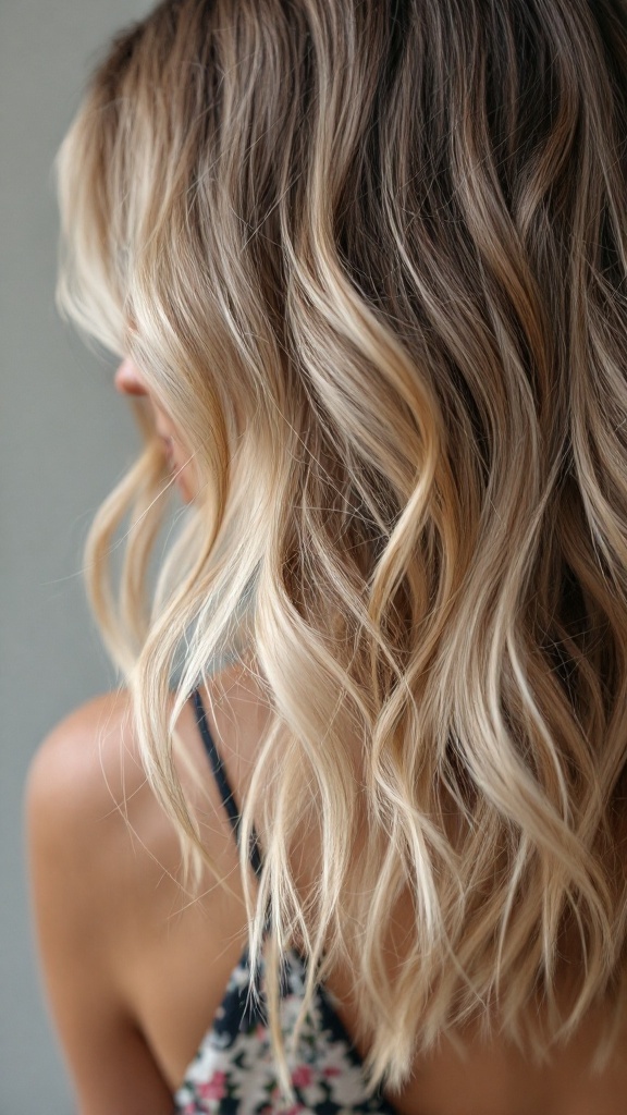 A close-up of medium length hair with textured layers and soft waves.