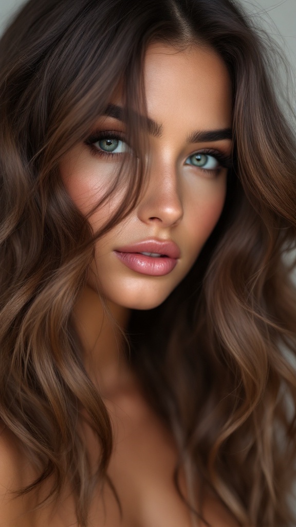 A close-up of a person with medium length layered hair styled in soft waves, showcasing volume and texture.