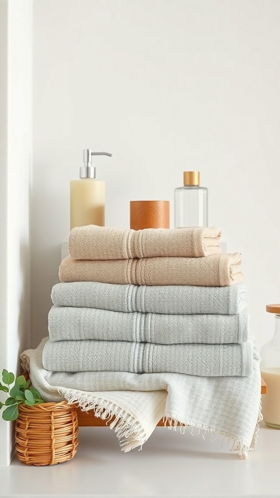 A collection of textured linen towels stacked neatly with natural accessories in a bathroom setting.