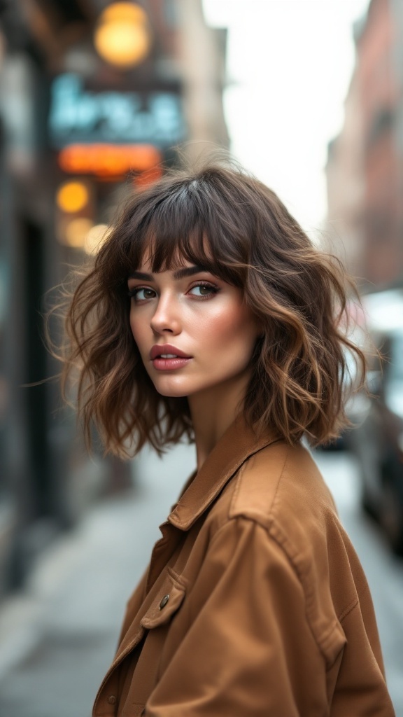 A model with a textured lob and bangs, showcasing a casual yet stylish hairdo.