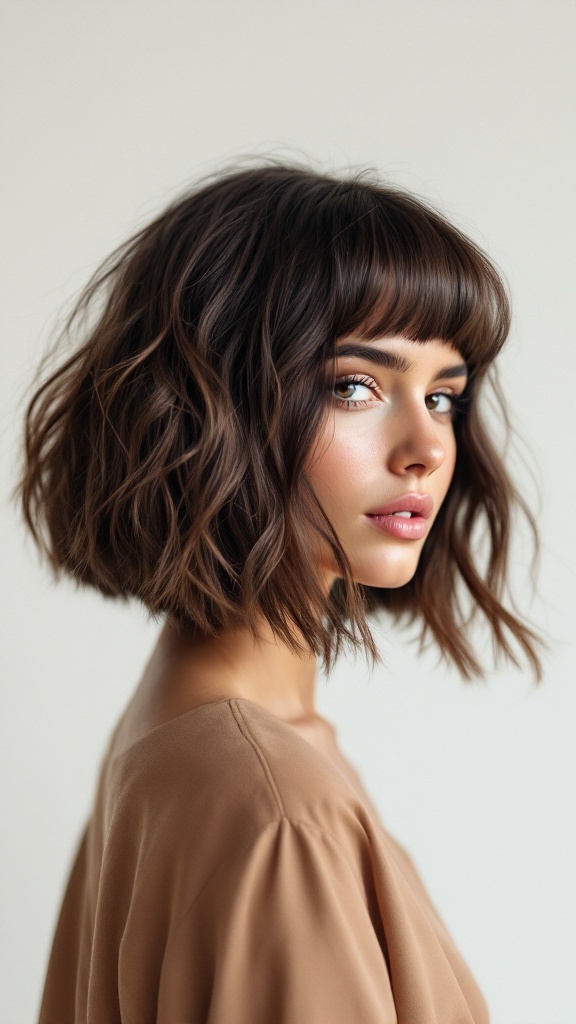 A young woman with a textured lob hairstyle and bangs, showcasing soft waves.