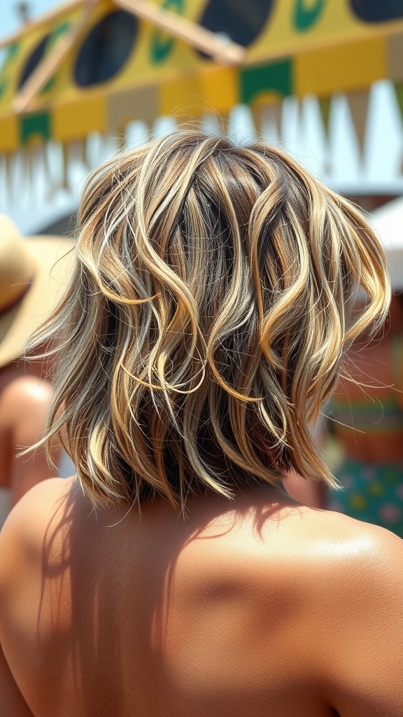 A woman with a textured lob hairstyle, featuring soft waves and highlights, enjoying a sunny festival atmosphere.