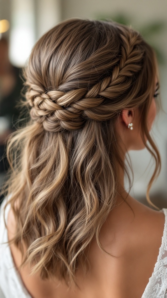 A woman with a medium-length textured lob hairstyle adorned with a braided crown, viewed from the back.