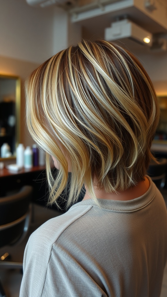 A textured lob hairstyle with highlights, showcasing soft waves and a stylish look