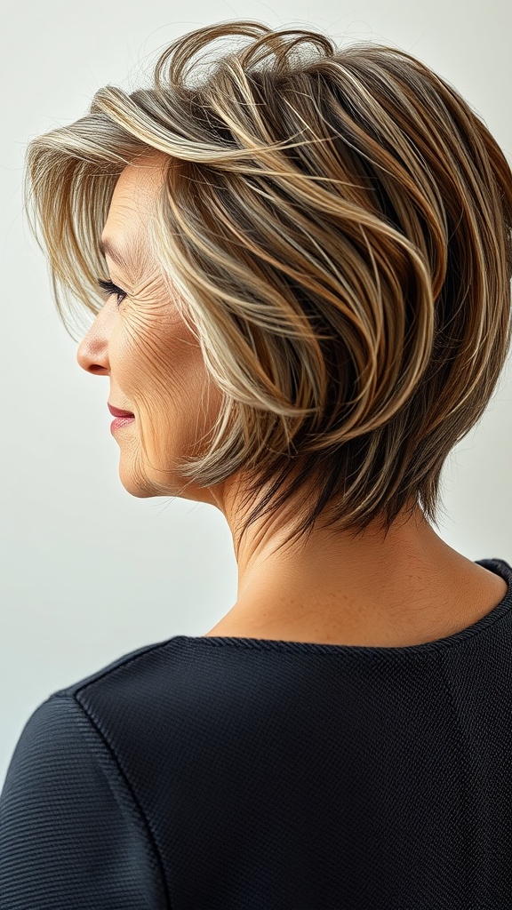 A woman with a textured lob hairstyle featuring highlights, viewed from the side.