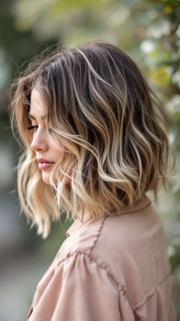 A woman with a textured lob hairstyle featuring highlights, looking stylish against a natural background.