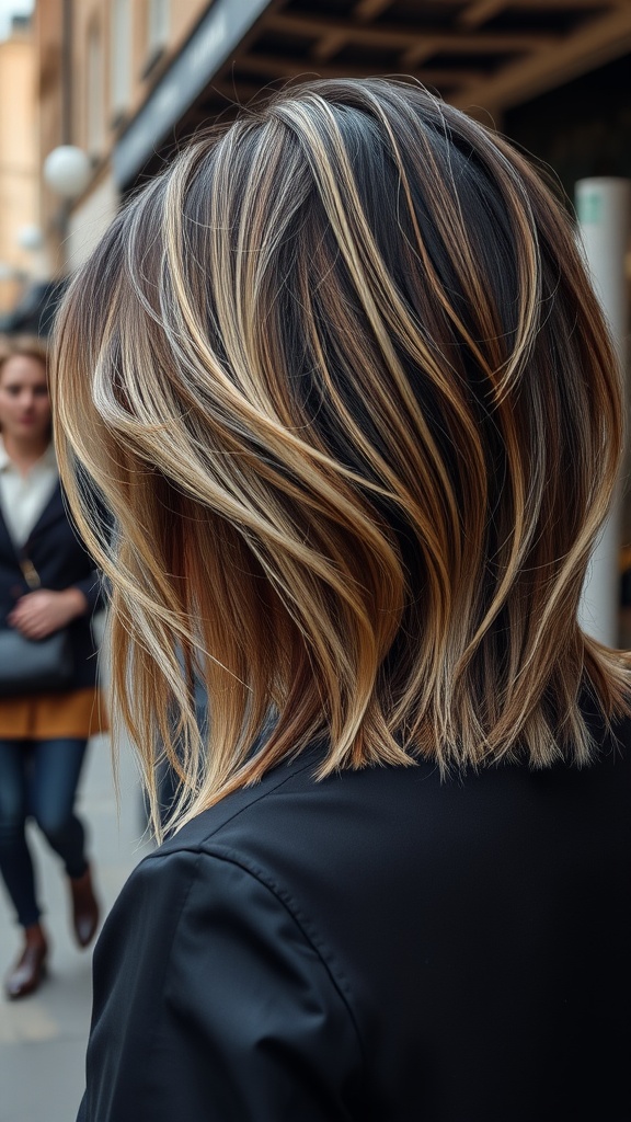 A back view of a textured lob hairstyle with subtle highlights, showcasing layered hair in a casual outdoor setting.