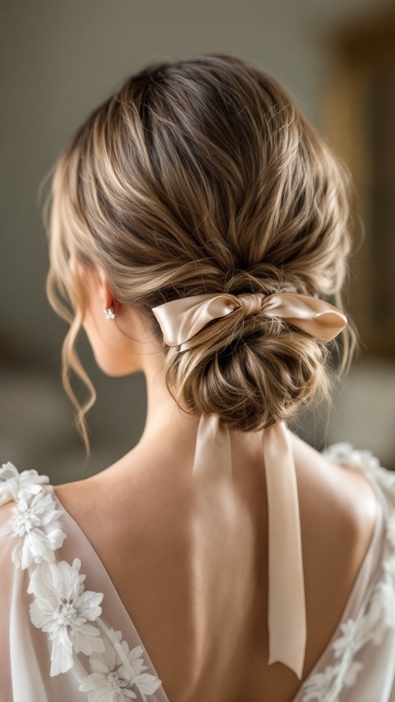 A beautiful textured low bun hairstyle adorned with a silk ribbon, perfect for weddings.