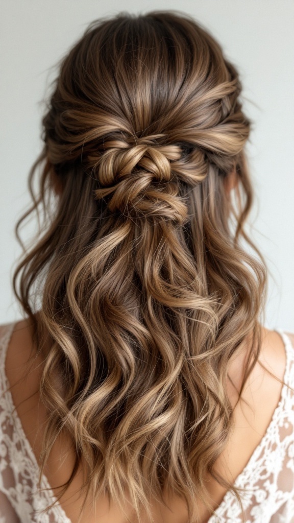 A woman with a textured low half updo hairstyle featuring waves and braided details.