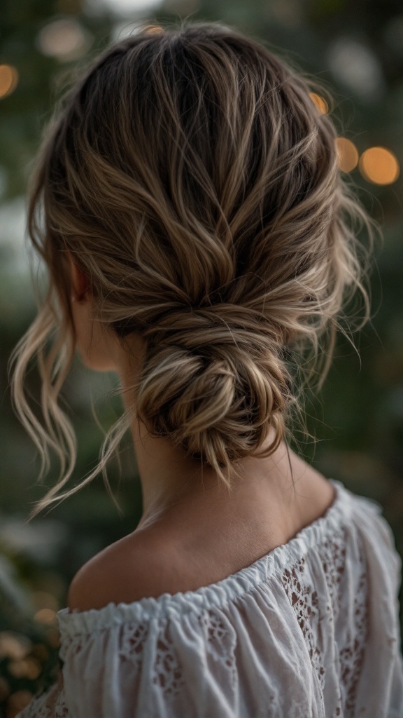 A woman with a textured low knot hairstyle and loose tendrils