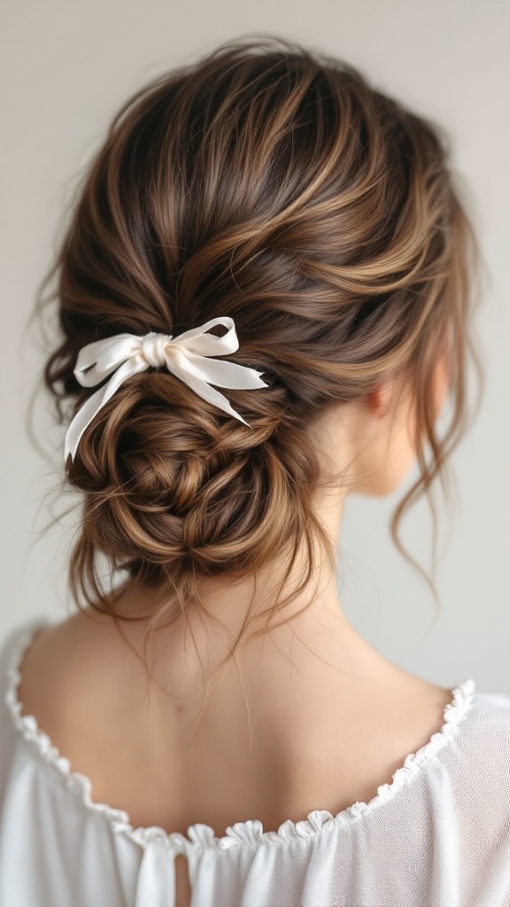 A woman with a textured low knot hairstyle accented with a white ribbon