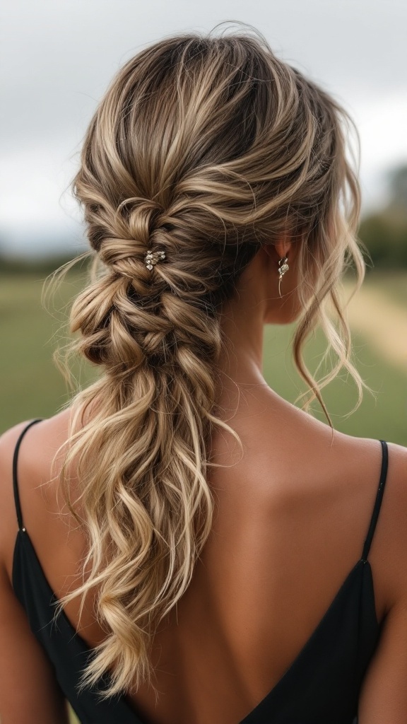 A textured low ponytail hairstyle for bridesmaids