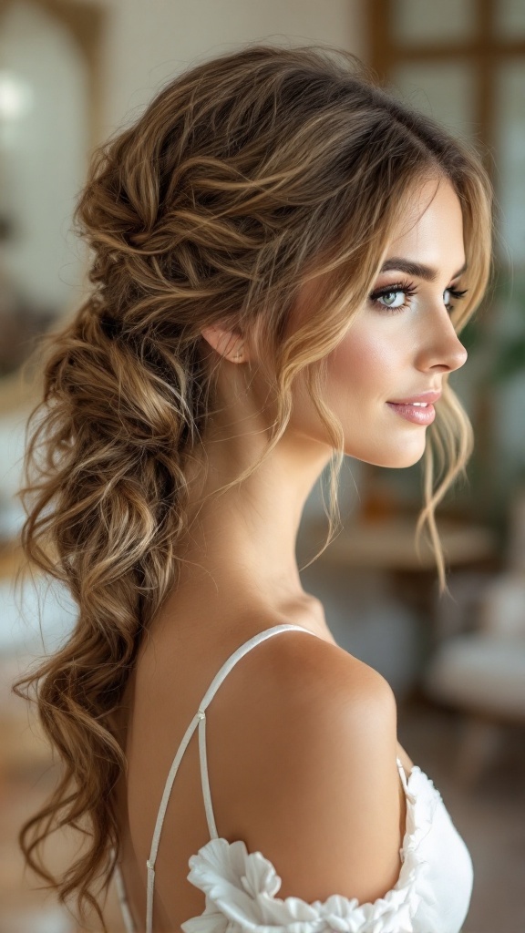 A woman with a textured low ponytail hairstyle, showcasing soft waves and a relaxed elegance.