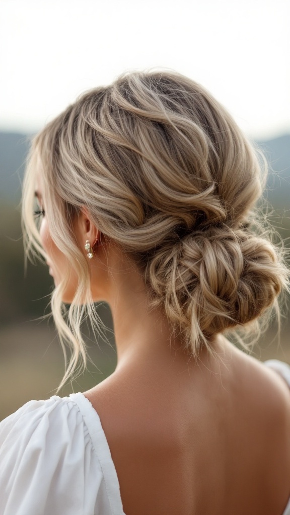 A woman with a textured low ponytail hairstyle, featuring loose strands and a soft, romantic look.
