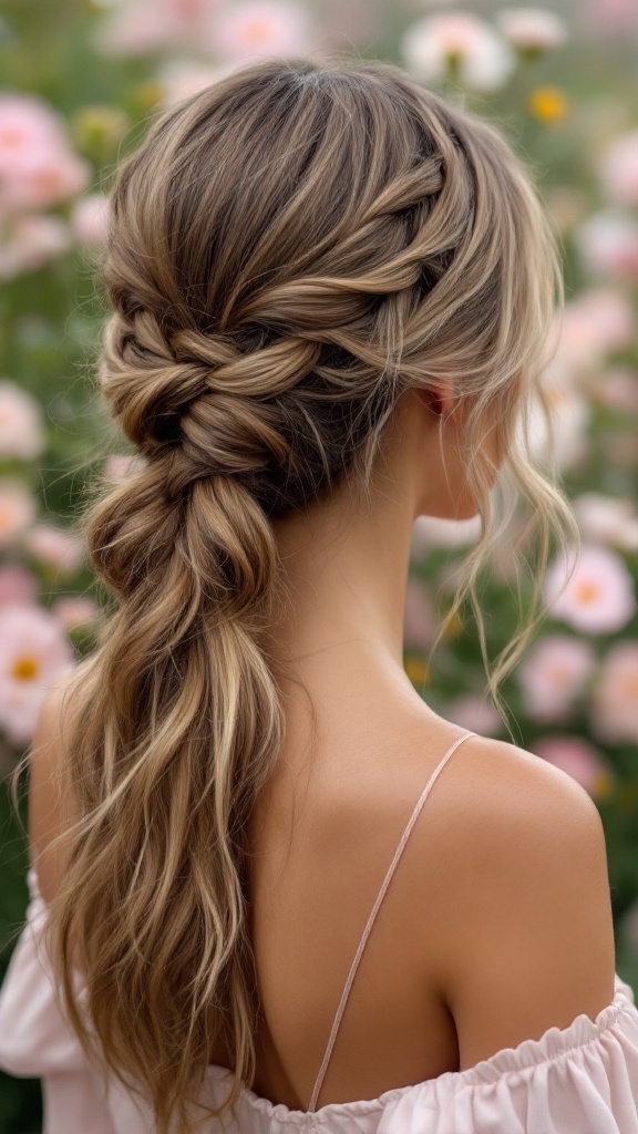 A woman with a textured low ponytail and a side braid, surrounded by flowers.