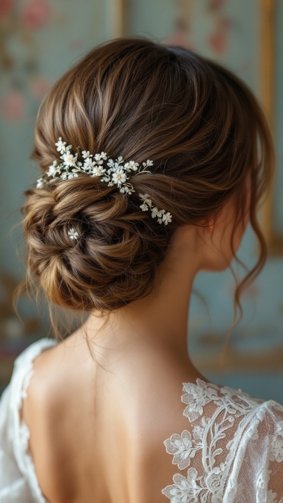 A textured low updo hairstyle adorned with floral hairpins, featuring a lace-detailed dress