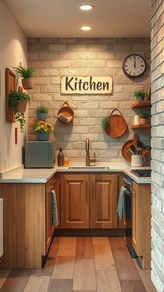 A small kitchen featuring a textured brick wall, wooden cabinets, and plants, creating a warm and inviting atmosphere.