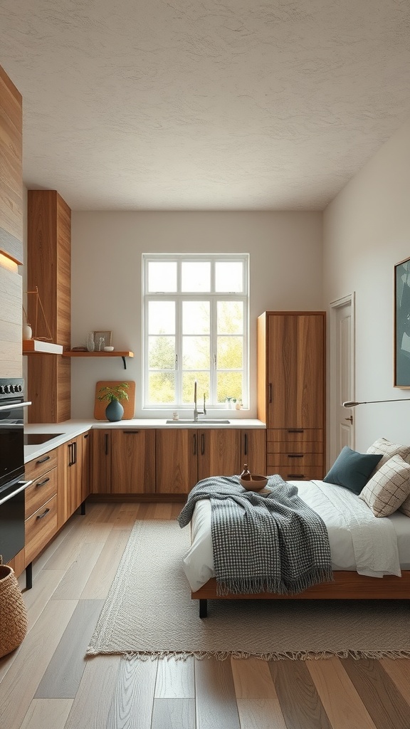 A modern kitchen featuring wooden cabinets, white countertops, and a cozy atmosphere.