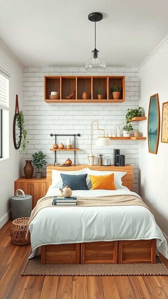A cozy kitchen with wooden shelves, a brick wall, and colorful pillows.