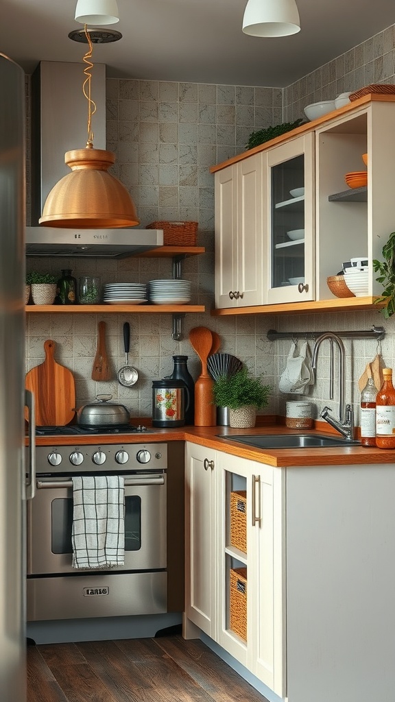 A small kitchen with textured materials including wooden countertops, patterned tiles, and a copper pendant light.