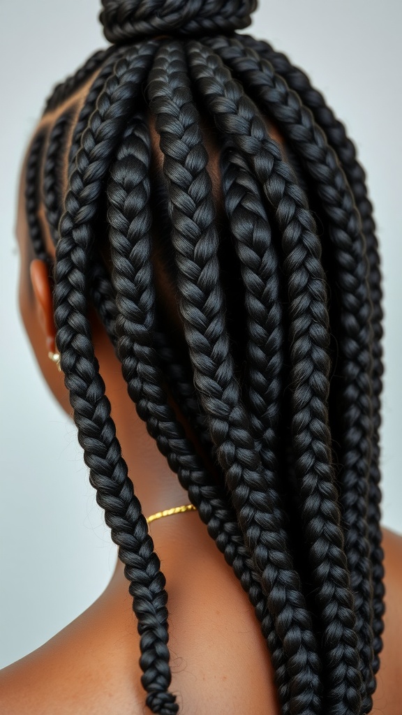 Close-up of textured medium knotless braids styled in a high bun, showcasing neat sections and a shiny finish.