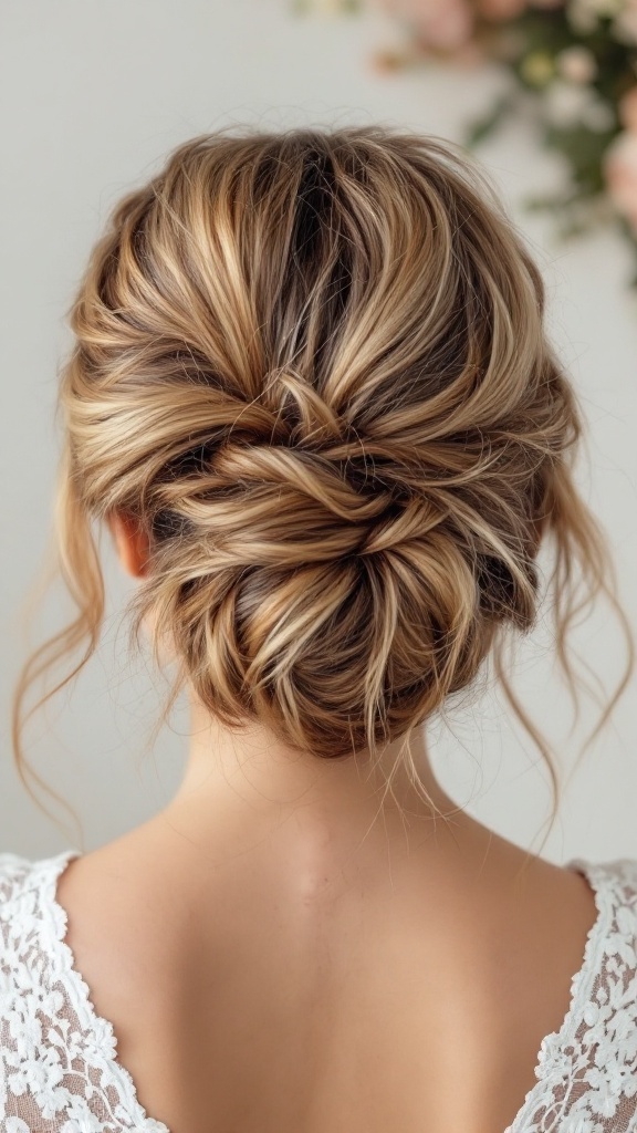 A textured messy bun with loose strands, styled elegantly for a wedding.