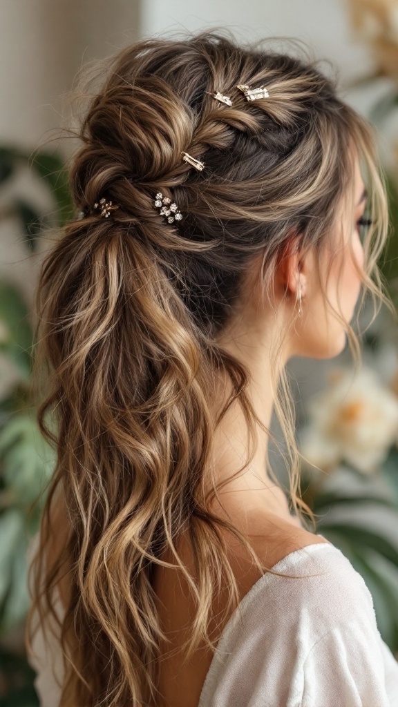 A textured messy ponytail adorned with hairpins, showcasing a relaxed yet stylish hairstyle.
