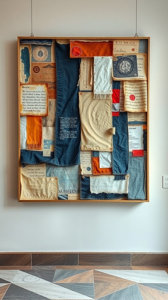 A textured mixed media wall art piece made of various colorful fabrics and handwritten notes.