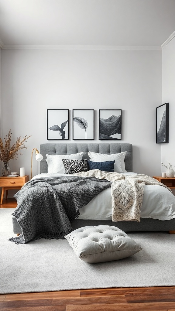 A monochrome bedroom featuring layered textures, gray bedding, patterned cushions, and black and white artwork.