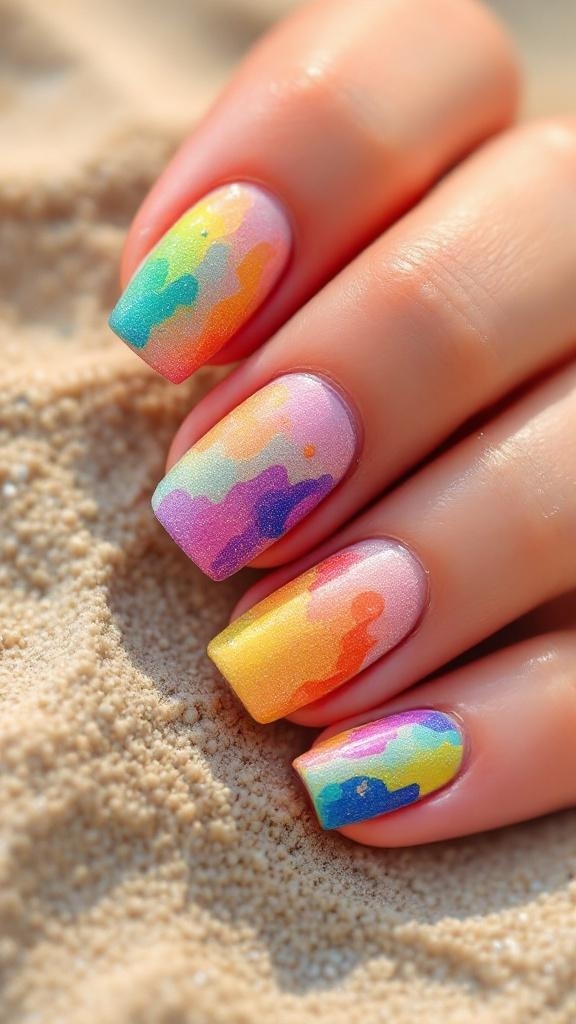 Nails with textured sand art in pastel colors