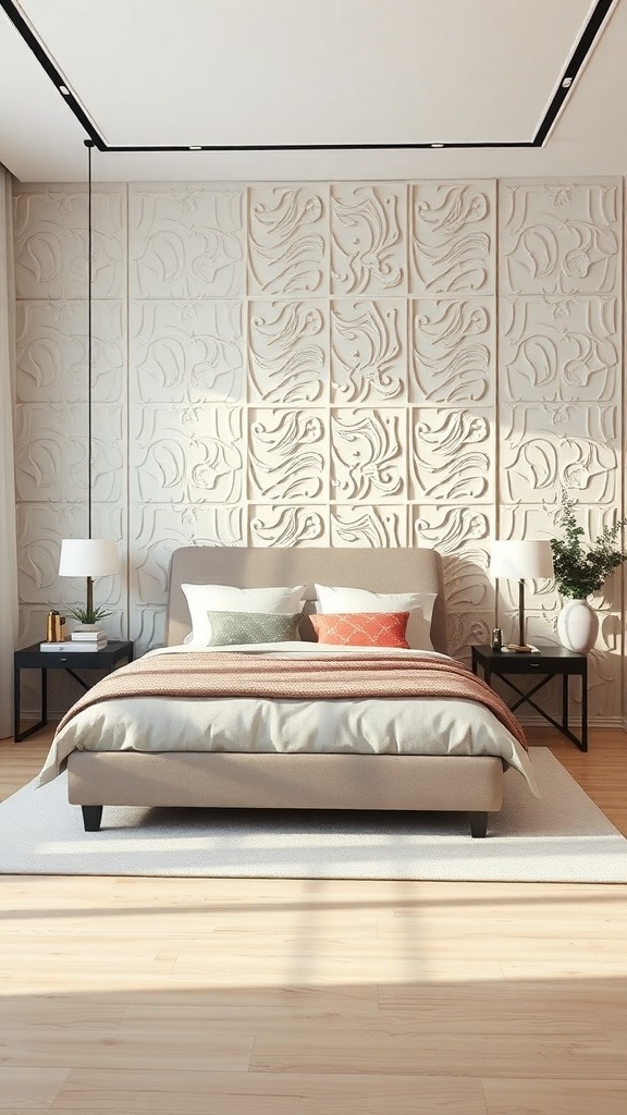 A bedroom featuring a textured wall panel design with a neutral color scheme, stylish bedding, and modern decor.