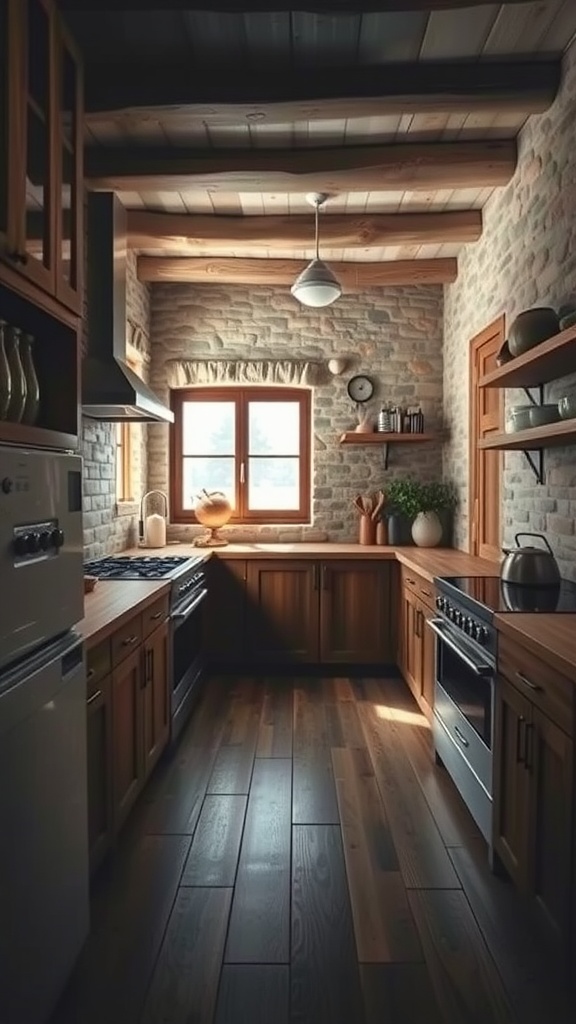 Cozy kitchen with a textured pass-through featuring wooden cabinetry and stone walls