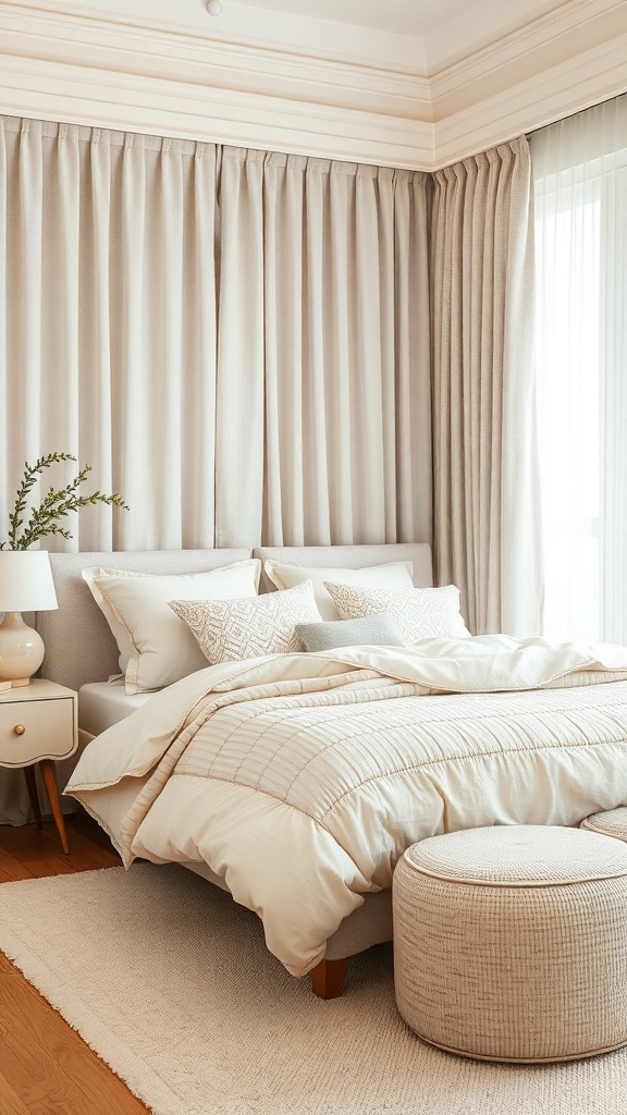 A soft pastel bedroom featuring beige and cream bedding, textured curtains, and a round ottoman.