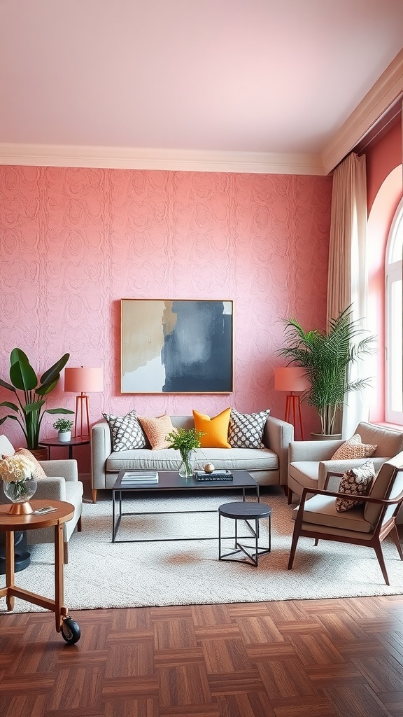 A bright living room featuring textured pink walls, comfortable seating, and stylish decor.