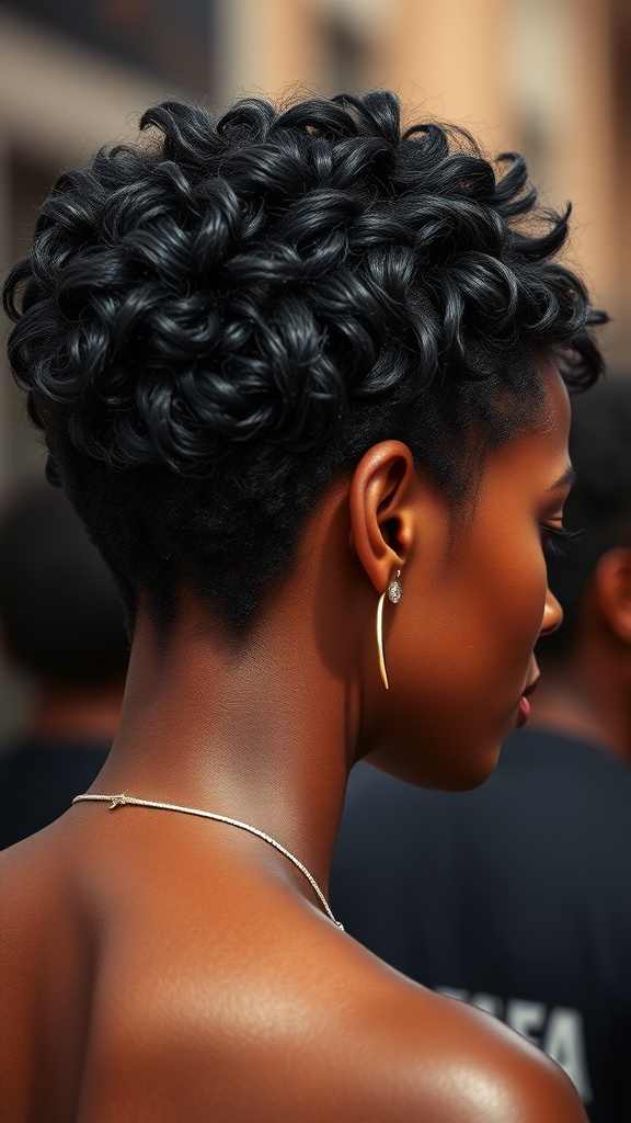 A black woman with a textured pixie cut, showcasing defined curls on top and a clean cut on the sides.