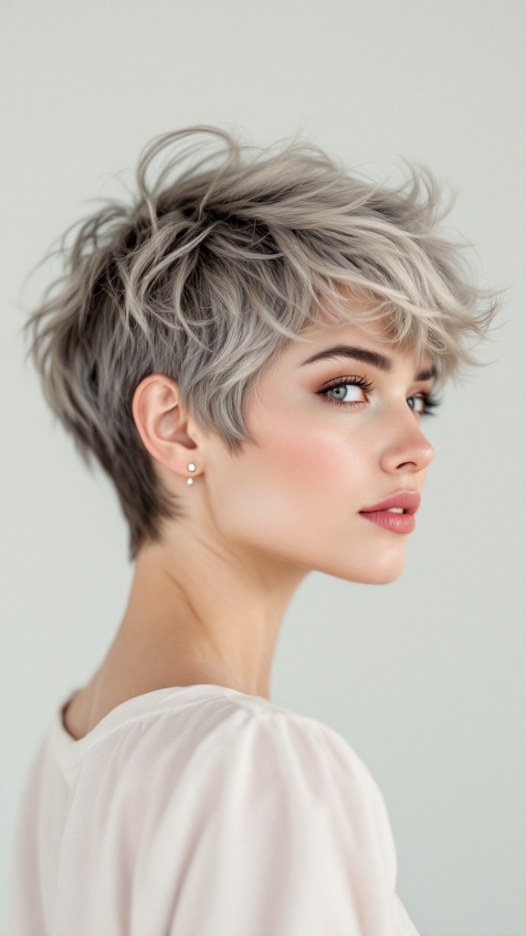 A young woman with a textured pixie cut, showcasing soft, tousled layers in a light silvery color.