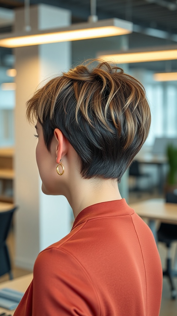 A woman with a textured pixie cut in a modern office setting.