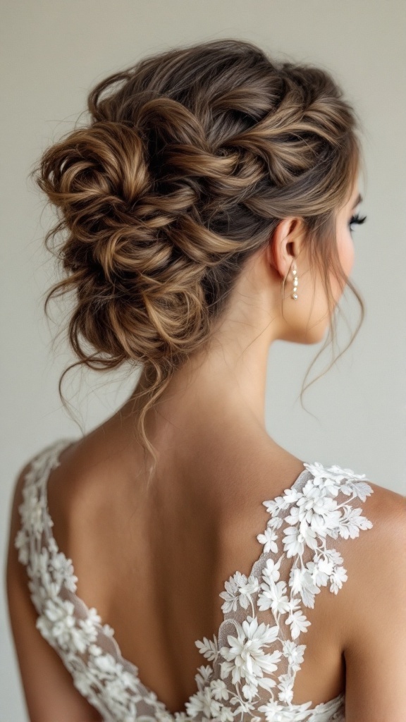 A textured ponytail hairstyle with soft curls, showcasing a vintage vibe, paired with a floral lace dress.
