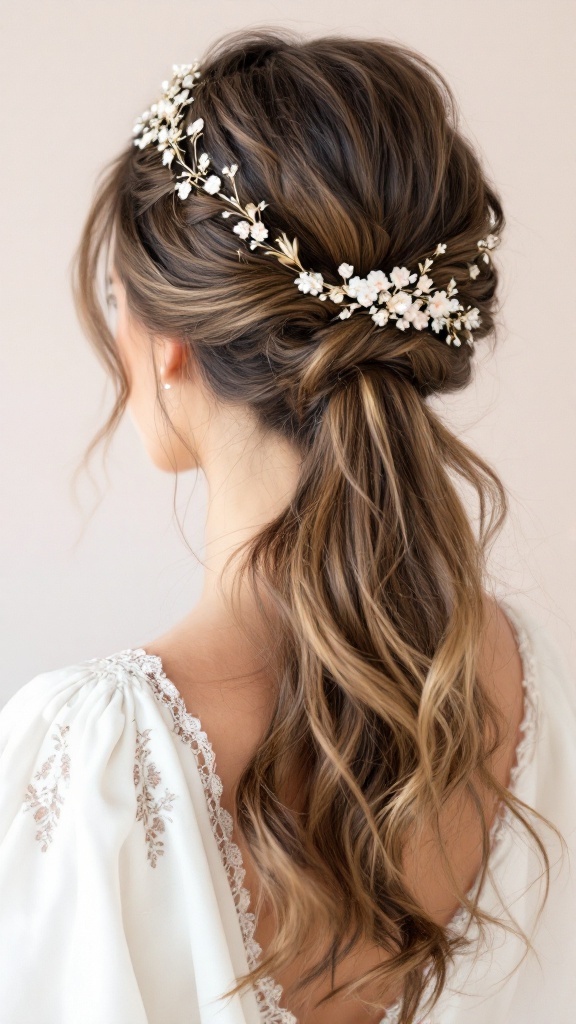 A woman with a textured ponytail adorned with a floral crown stands in a soft, neutral backdrop.