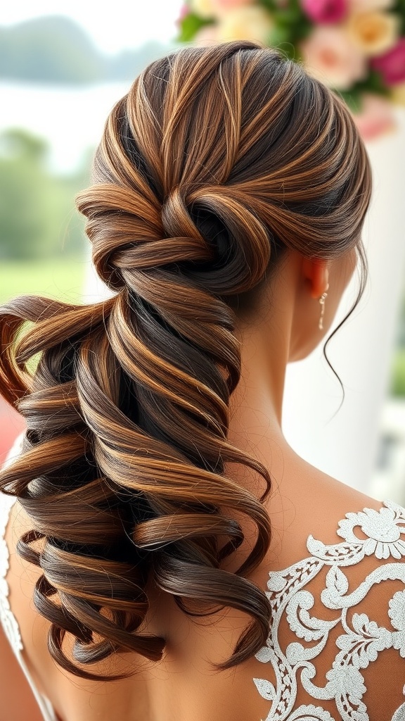 A textured ponytail hairstyle with curls and a side braid detail, showcasing beautiful highlights.