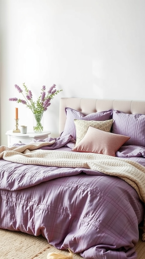 A cozy bedroom featuring textured purple bedding with decorative pillows and a knitted throw blanket.