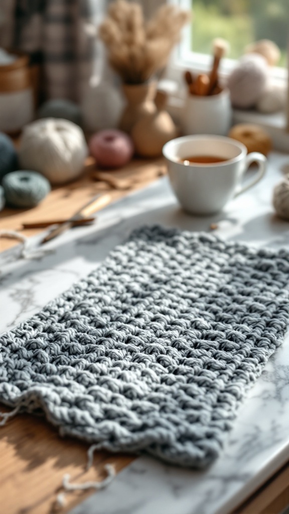 Textured grey crochet dishcloth on a marble surface with yarn and a cup of tea in the background