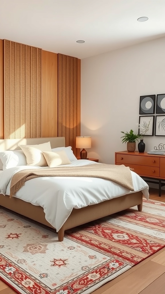A modern Indian bedroom featuring a textured rug with intricate patterns, a cozy bed, and wooden accents.