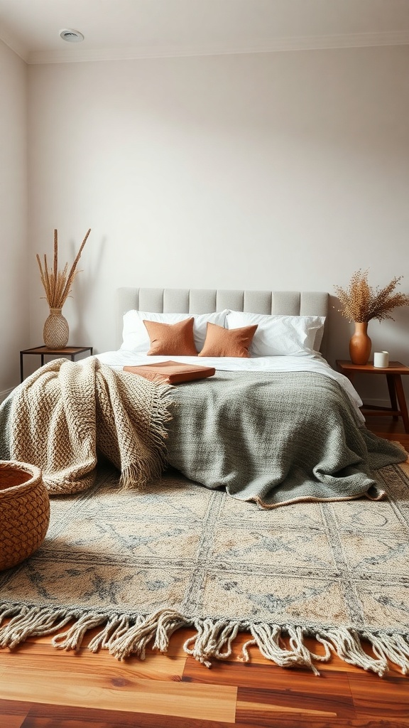 A cozy jungle-themed bedroom with a textured rug and throws, featuring earthy tones and a warm atmosphere.
