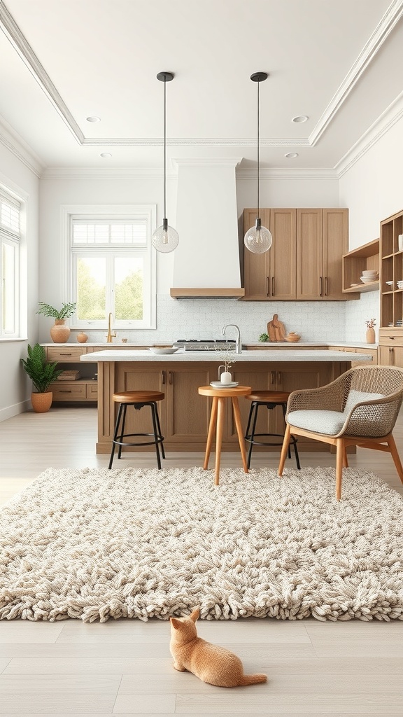 A cozy kitchen featuring a fluffy textured rug, wooden cabinets, and a cat sitting on the floor.