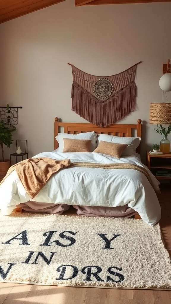 A cozy Boho bedroom featuring a textured rug with lettering, a wooden bed, and soft bedding.