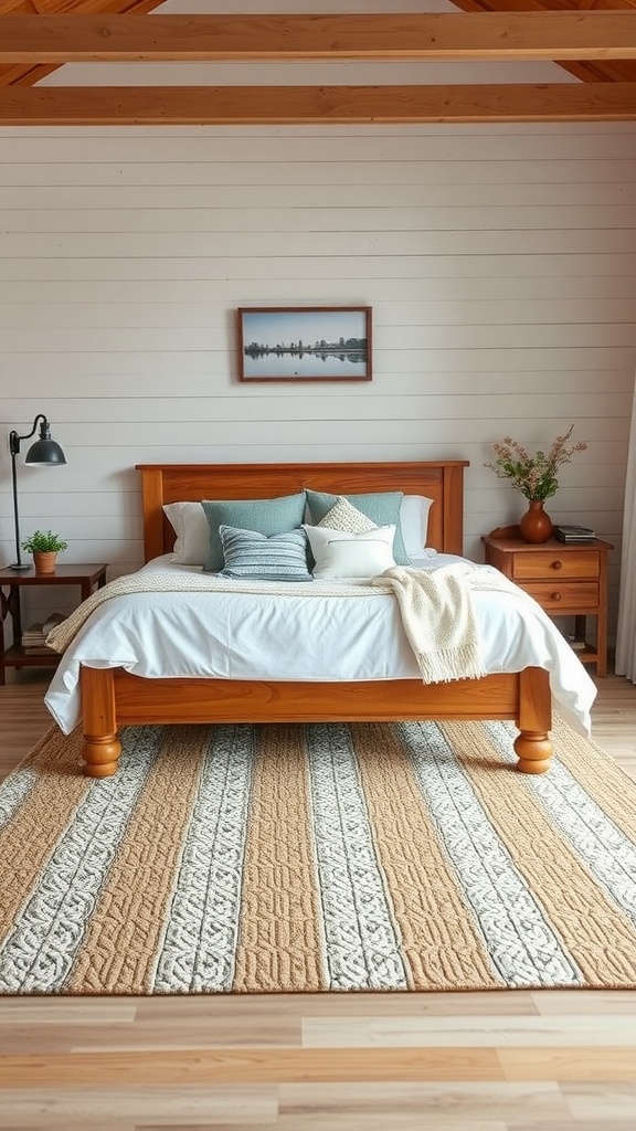 Cozy farmhouse bedroom with a textured rug, wooden bed, and decorative pillows.